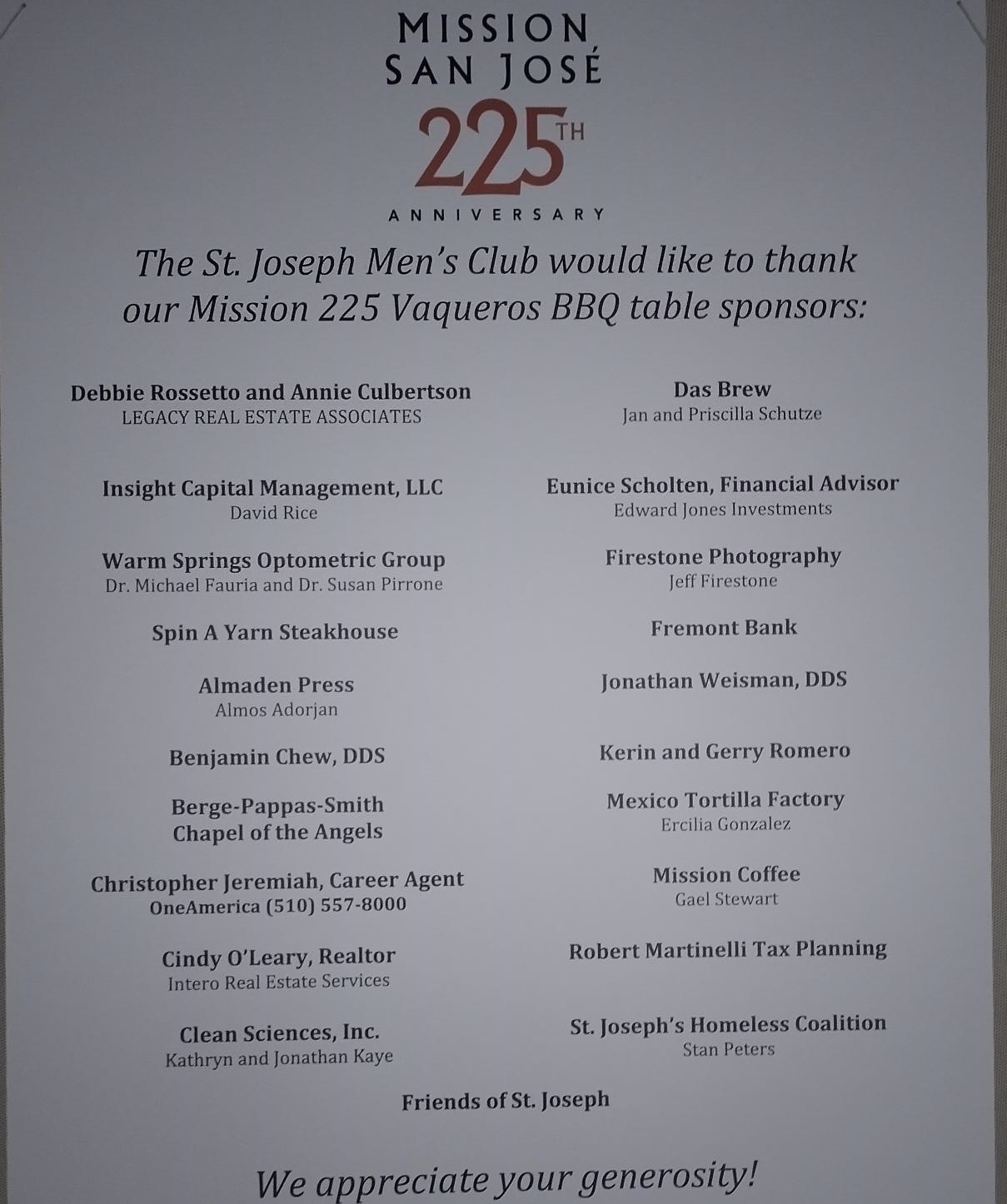 The St. Joseph Men’s Club would like to thank our Mission 225 Vaqueros BBQ table sponsors